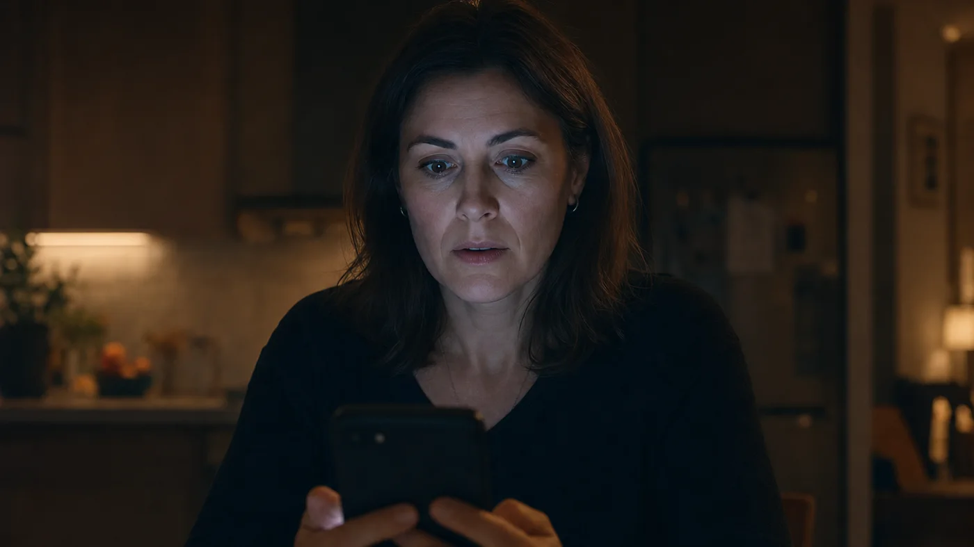 A woman at a dark kitchen table reading her phone